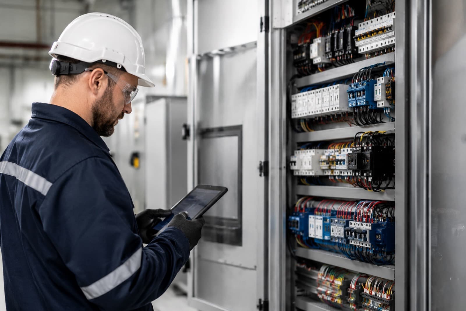 Elektromonteur aan het werk bij een schakelkast