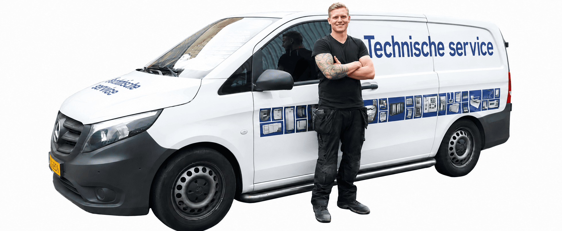Servicemonteur naast de bestelbus van Your Company